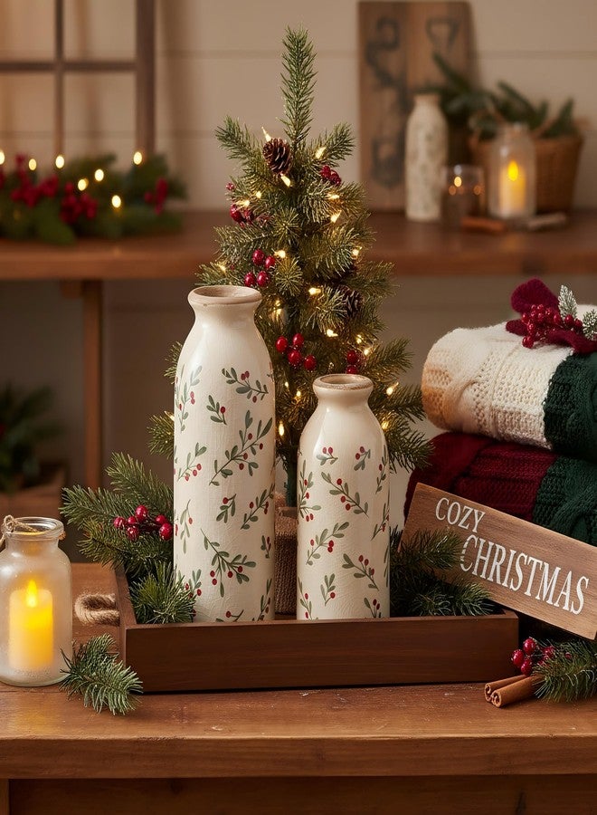 Ronasip Christmas Holly Vases, Ceramic Vase Set of 2, Hand-Painted Rustic Decor, Ice Cracked Glaze, Xmas Home Decor (Holly) - Image 5